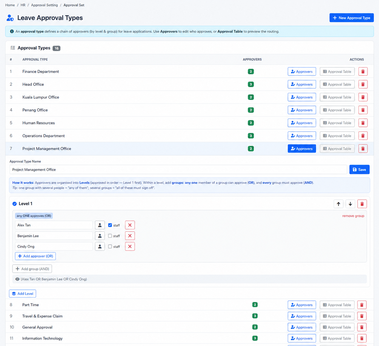 HRM.my leave approval types with ordered levels and AND or OR approver groups